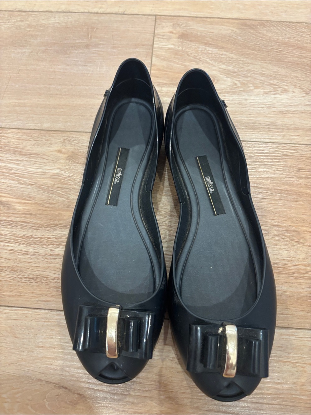 Melissa Black Peep-Toe Flats with Bow and Gold Accent